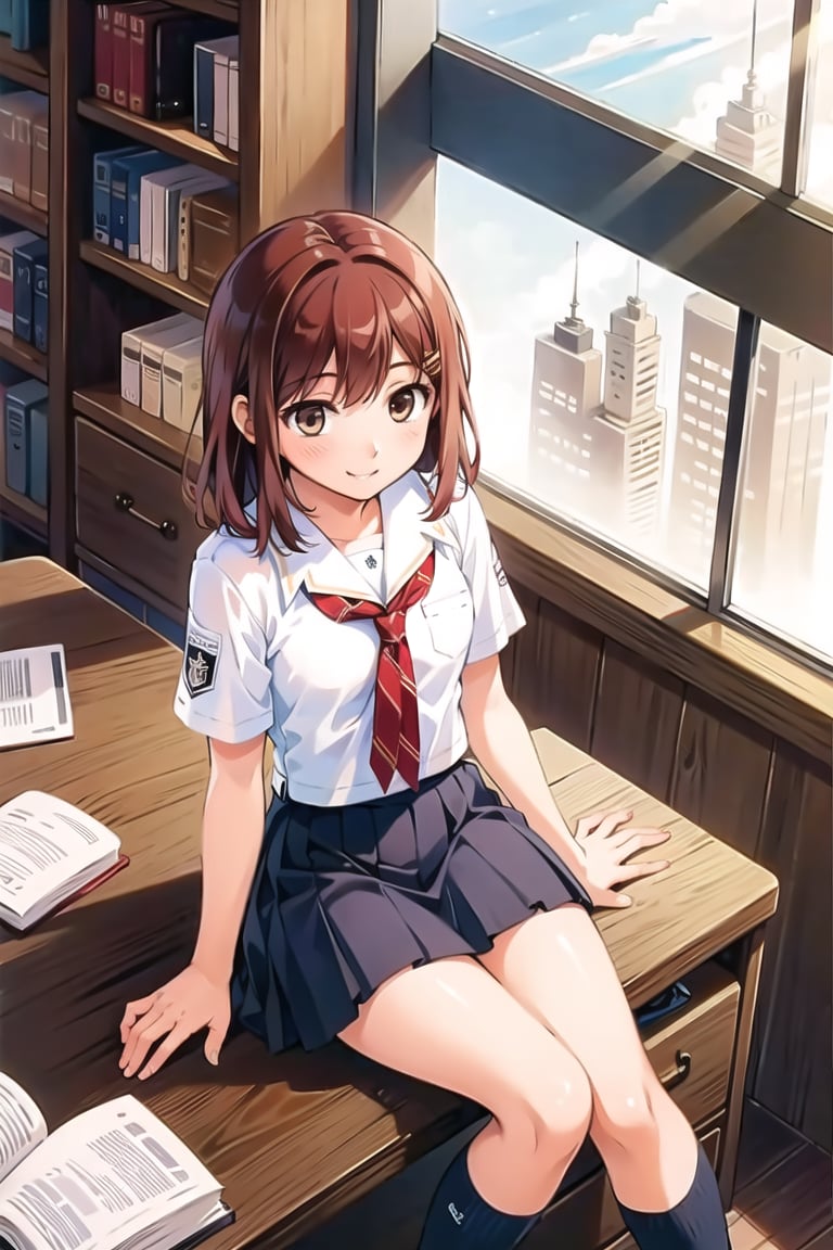 ((masterpiece)),(Best  Quality), (Sharp Picture Quality), Brown hair, medium hair, Red hair ornamentm,academic uniform, tie, pleated skirt, the best smile, the wind, beautiful scenery,Navy blue skirt,Library with books,Sitting, angle from above