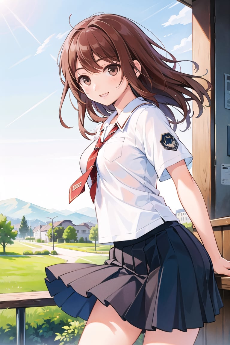 ((masterpiece)),(Best  Quality), (Sharp Picture Quality), Brown hair, medium hair, Red hair ornamentm,academic uniform, tie, pleated skirt, the best smile, the wind, beautiful scenery,Navy blue skirt,