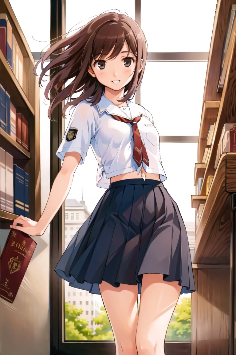 ((masterpiece)),(Best  Quality), (Sharp Picture Quality), Brown hair, medium hair, academic uniform, tie, pleated skirt, the best smile, the wind, beautiful scenery,Navy blue skirt,Library with books,