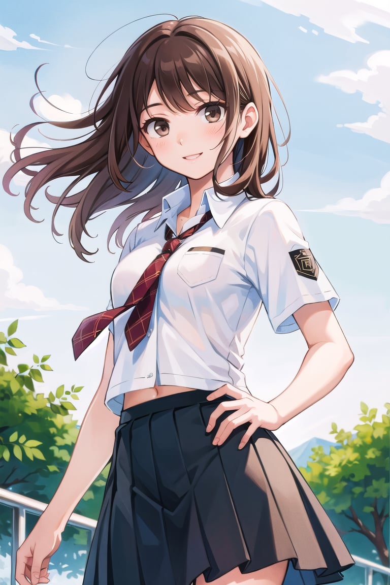 ((masterpiece)),(Best  Quality), (Sharp Picture Quality), Brown hair, medium hair, academic uniform, tie, pleated skirt, the best smile, the wind, beautiful scenery,