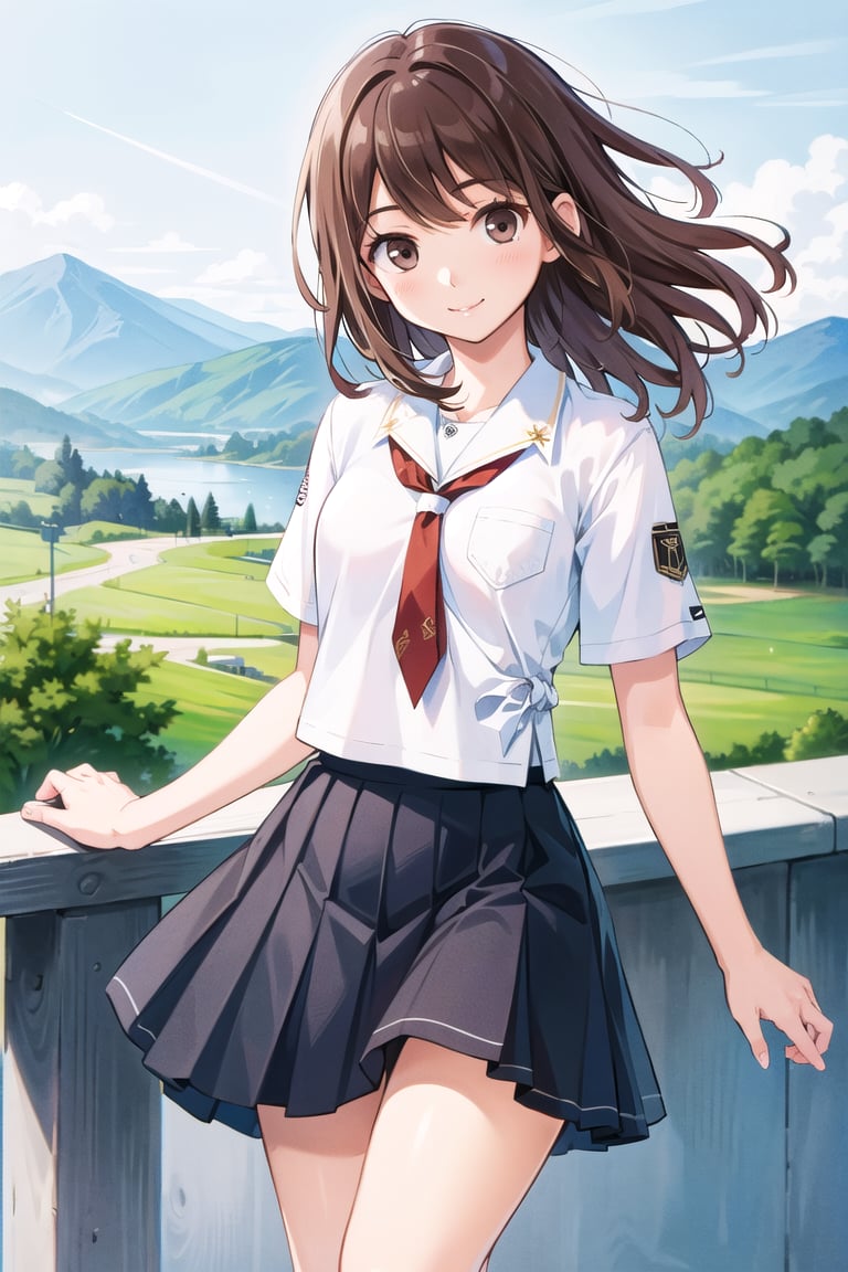 ((masterpiece)),(Best  Quality), (Sharp Picture Quality), Brown hair, medium hair, academic uniform, tie, pleated skirt, the best smile, the wind, beautiful scenery,Navy blue skirt