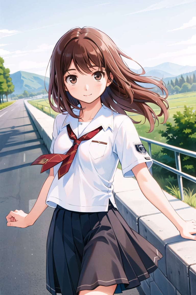 ((masterpiece)),(Best  Quality), (Sharp Picture Quality), Brown hair, medium hair, Red hair ornamentm,academic uniform, tie, pleated skirt, the best smile, the wind, beautiful scenery,Navy blue skirt,