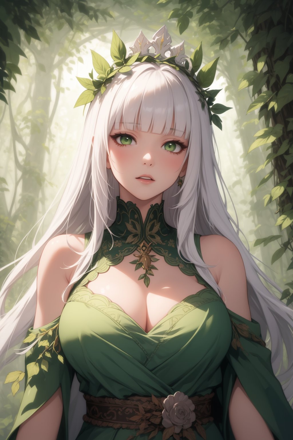 (masterpiece, best quality), intricate details, beautiful girl, white hair, blunt bangs, green eyes, Fairy queen crowns, long hair, upper body, closed mouth, forest, vines, leaf