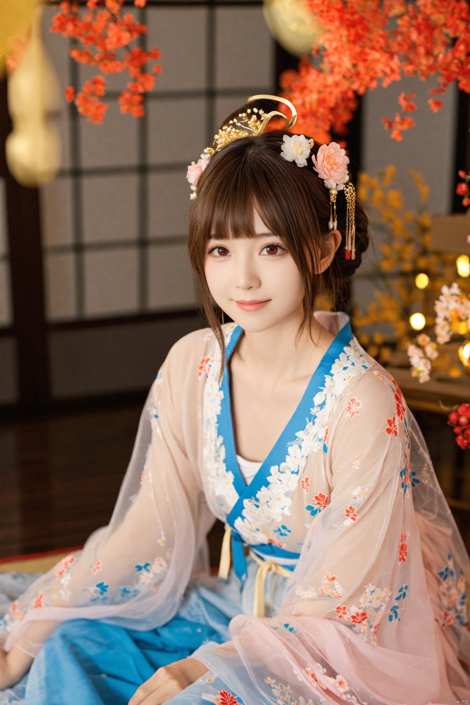  (masterpiece),(best quality),illustration,ultra detailed,hdr,Depth of field,(colorful),mmd,night,1girl,solo,red eyes,looking at viewer,hair ornament,short hair,upper body,brown hair,blurry,ahoge,bangs,see-through,depth of field,hanfu,smile,floral print,closed mouth,