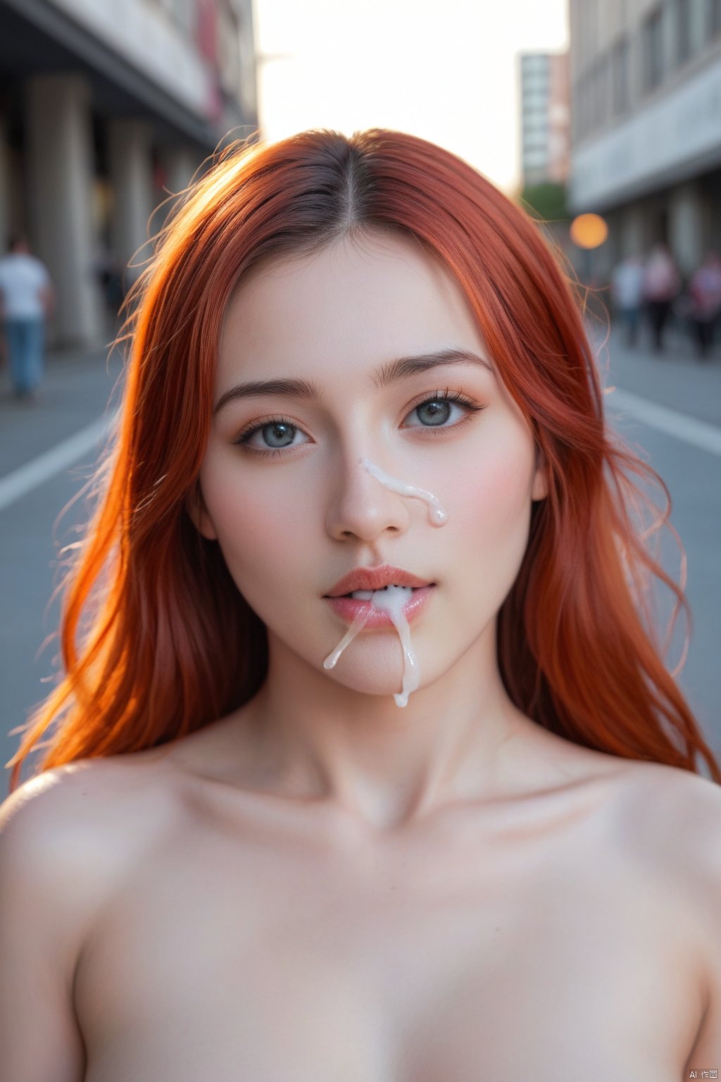 HDR photo of (Photorealistic:1.2), (Alluring portrait of a nude redhead woman:1.3), (Small bust size with delicate features:1.2), (Mysterious expression and captivating eyes:1.3), (Soft and natural lighting for realism:1.3), (Dynamic composition focusing on her nude body:1.2), (Professional photography techniques for authenticity:1.2), (Backdrop of a bustling city street:1.3), (half shot:1.4), Photorealistic, Hyperrealistic, Hyperdetailed, analog style, soft lighting, subsurface scattering, realistic, heavy shadow, masterpiece, best quality, ultra realistic, 8k, golden ratio, Intricate, High Detail, film photography, soft focus . High dynamic range, vivid, rich details, clear shadows and highlights, realistic, intense, enhanced contrast, highly detailed, ((Glamour Shot)), detailed skin texture, (blush:0.5), (goosebumps:0.5), subsurface scattering,RUANYI0560 Boy on girl' top mating press,KYUYONGEOM score_9 score_8_up score_7_up,nsfw,Perfect feet, RUANYI0541 BLUE BODYSUIT CHINESE CLOTHES,(cum on face)(cum in mouth)(cum corverd)