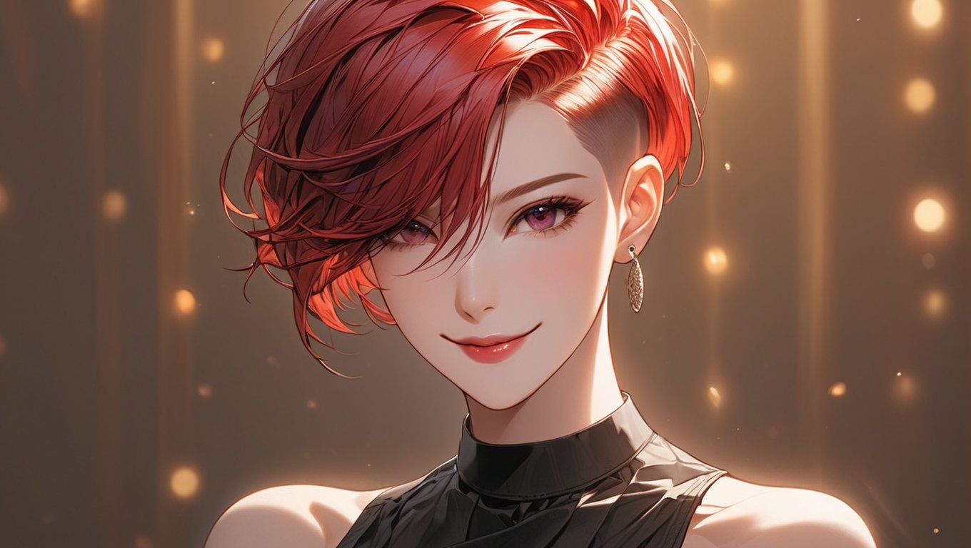 ,undercut,very short hair,asymmetrical hair,1woman,solo,focus,red_hair,smirk,looking_at_viewer,shaved_side,black_dress,portrait,her hairstyle is extremely detailed and immaculate,short hair,shaved_side,undercut