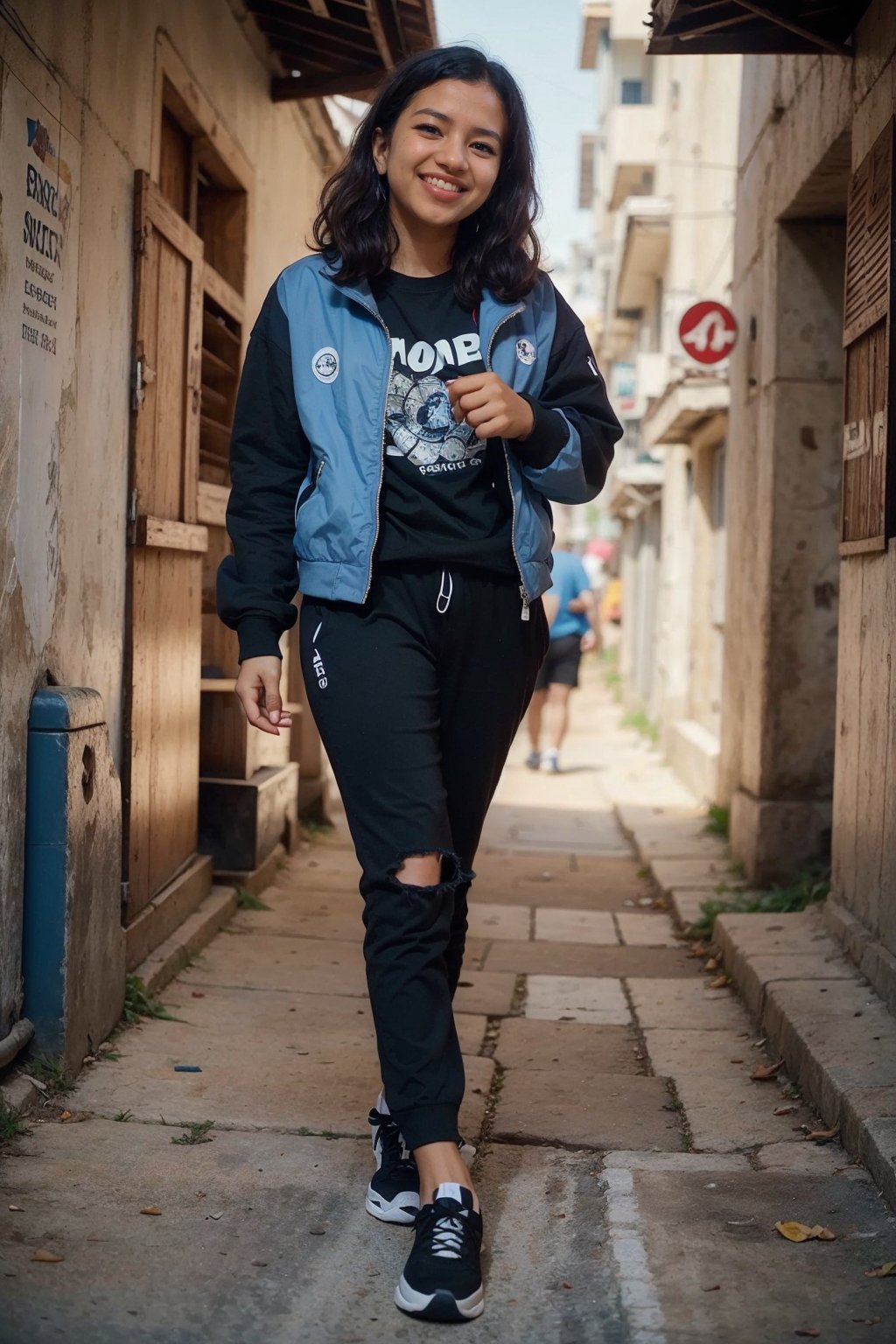 age 20 black girl, smile, teeth, sidecut black long hair, wearing blue cool jacket and black t shirt, black joggers, blue sneakers shoe, walking, high_resolution, detailed, This breathtaking photograph, shot on a Canon 1DX with a 50 mm f/2.8 lens, beautifully showcases the raw and authentic beauty of life. high resolution 8k image quality,Mallu