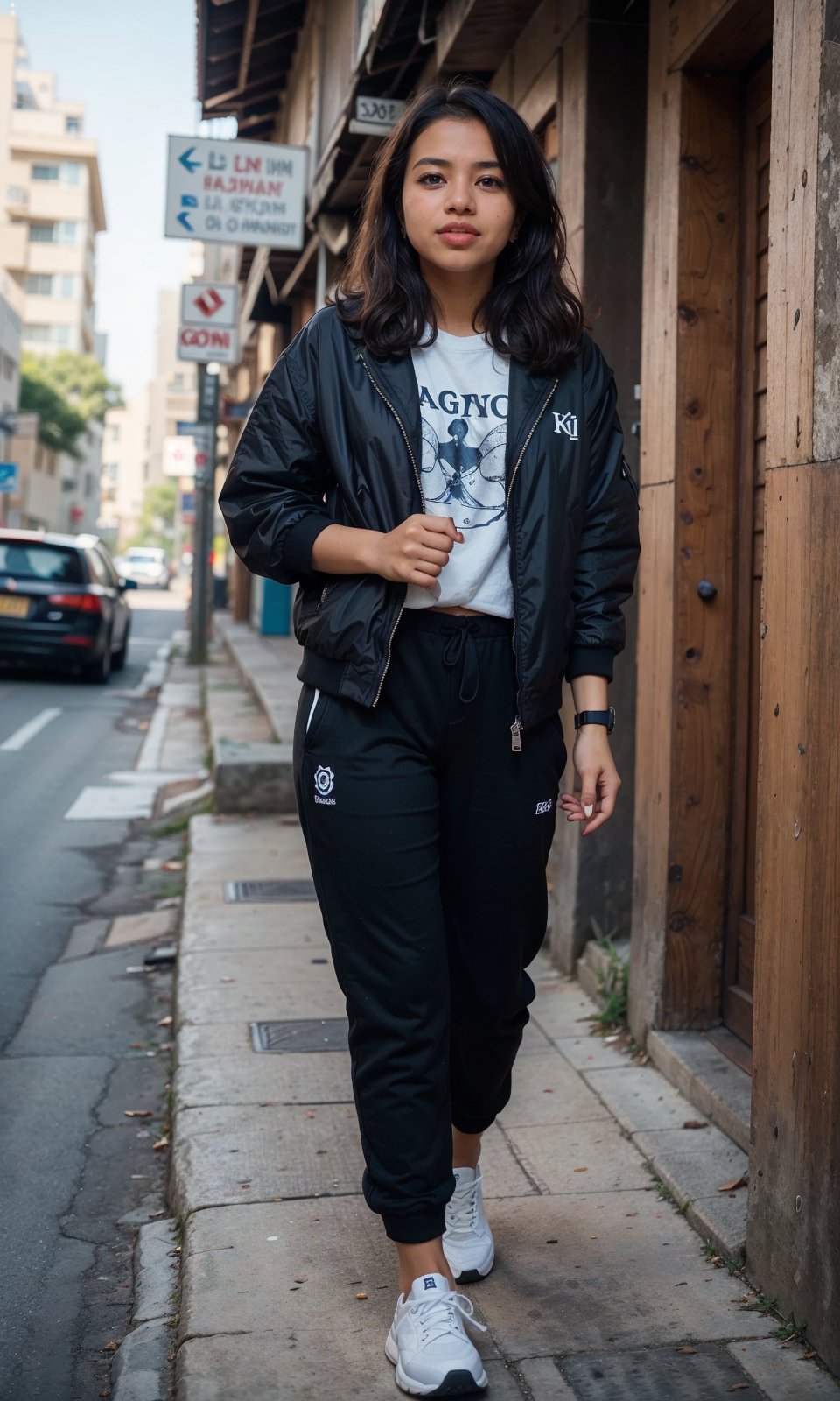 age 20 black girl, sidecut black long hair, wearing blue cool jacket and black t shirt a white circleon it, black joggers, blue sneakers shoe, walking, high_resolution, detailed, This breathtaking photograph, shot on a Canon 1DX with a 50 mm f/2.8 lens, beautifully showcases the raw and authentic beauty of life. high resolution 8k image quality,Mallu