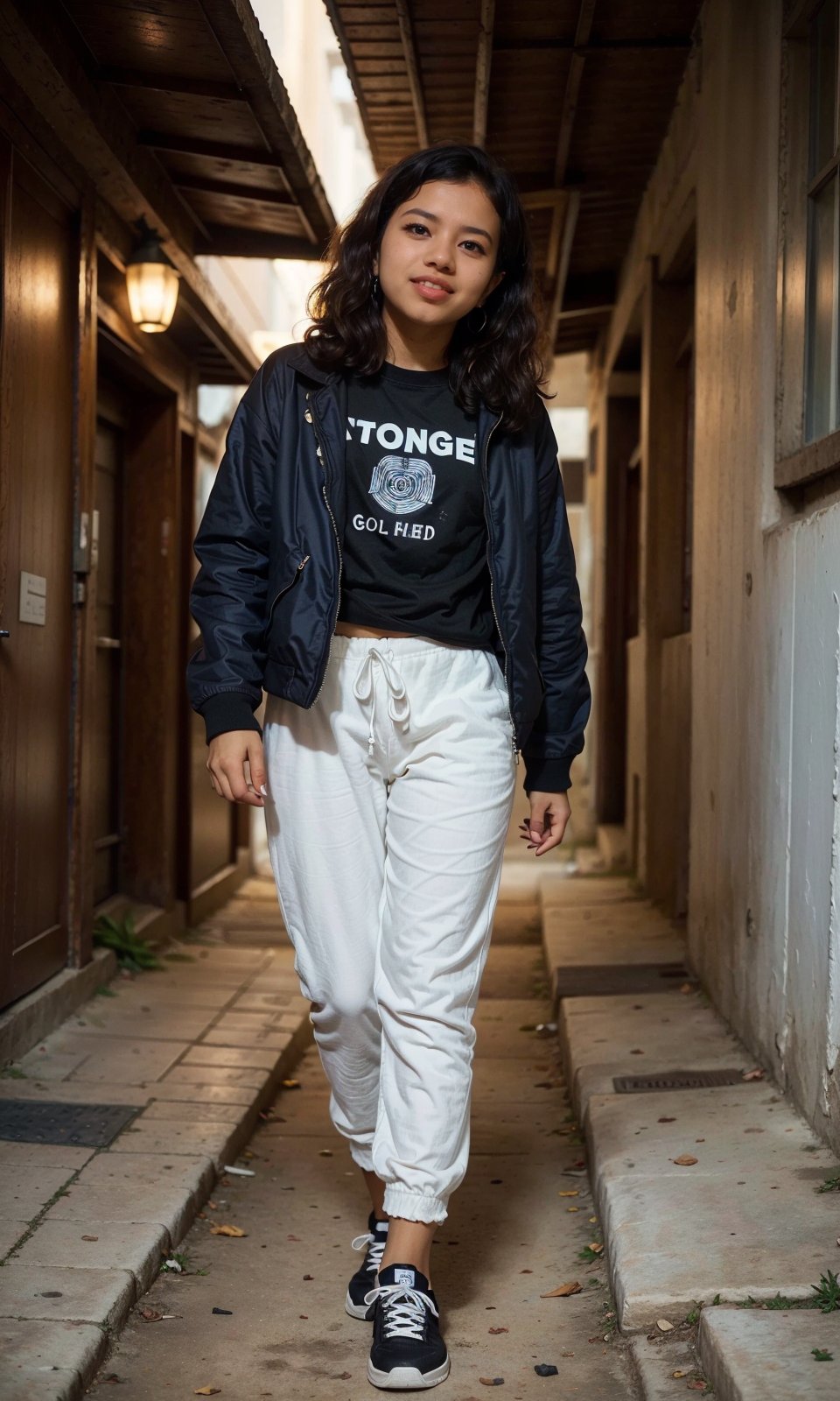 age 20 black girl, sidecut black long hair, wearing blue cool jacket and black t shirt a white circleon it, black joggers, blue sneakers shoe, walking, high_resolution, detailed, This breathtaking photograph, shot on a Canon 1DX with a 50 mm f/2.8 lens, beautifully showcases the raw and authentic beauty of life. high resolution 8k image quality,Mallu