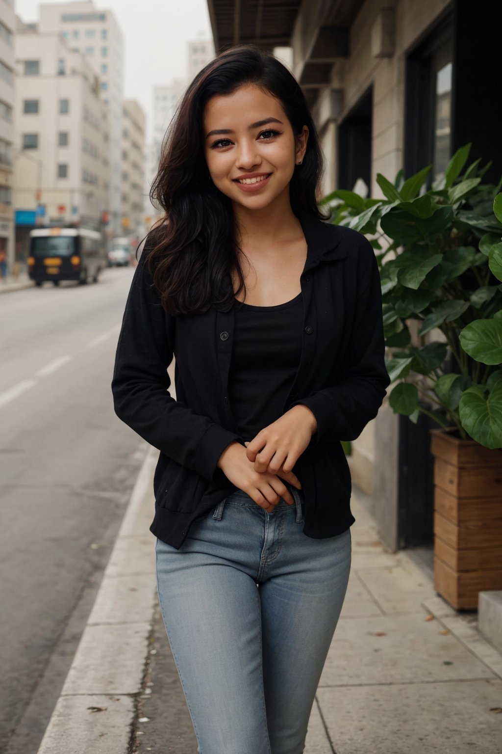 1girl, solo, long hair, smile, black hair, standing, outdoors, pants, crossed legs, plant, denim, jeans, realistic, photo background, This breathtaking photograph, shot on a Canon 1DX with a 50 mm f/2.8 lens, beautifully showcases the raw and authentic beauty of life. high resolution 8k image quality,,mallu, ,CyberpunkWorld,perfect eyes