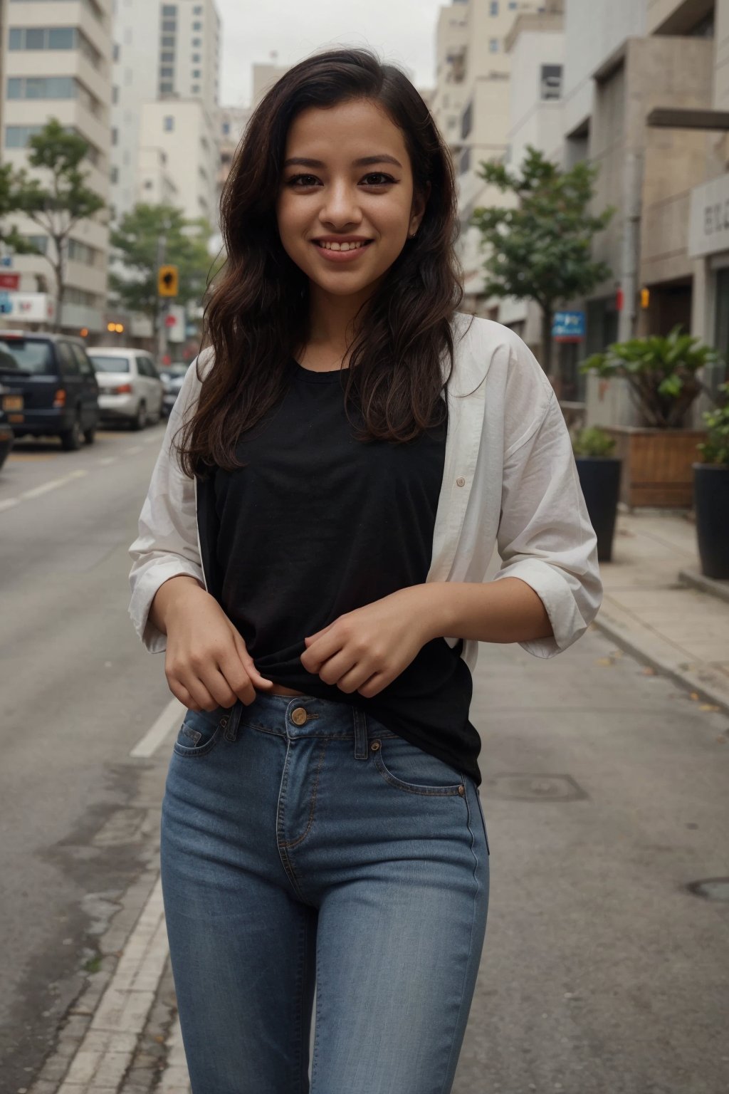 1girl, solo, long hair, smile, black hair, standing, outdoors, pants, crossed legs, plant, denim, jeans, realistic, photo background, This breathtaking photograph, shot on a Canon 1DX with a 50 mm f/2.8 lens, beautifully showcases the raw and authentic beauty of life. high resolution 8k image quality,,mallu, ,CyberpunkWorld,perfect eyes