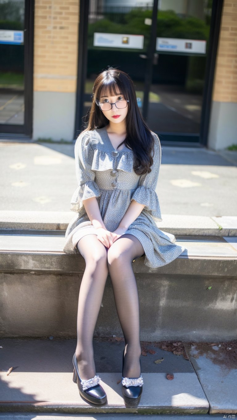  (best quality:2),1girl, solo, dress,sitting, pantyhose, long hair, black footwear, brown hair, shoes, full body, glasses, box,  black hair,dress\(lolanse\), office lady fashion,outdoors, grey pantyhose, frills,bangs, platform footwear, hand up, blush, cardboard box, bag, see-through,  sleevesless,city,look at viewer,summer