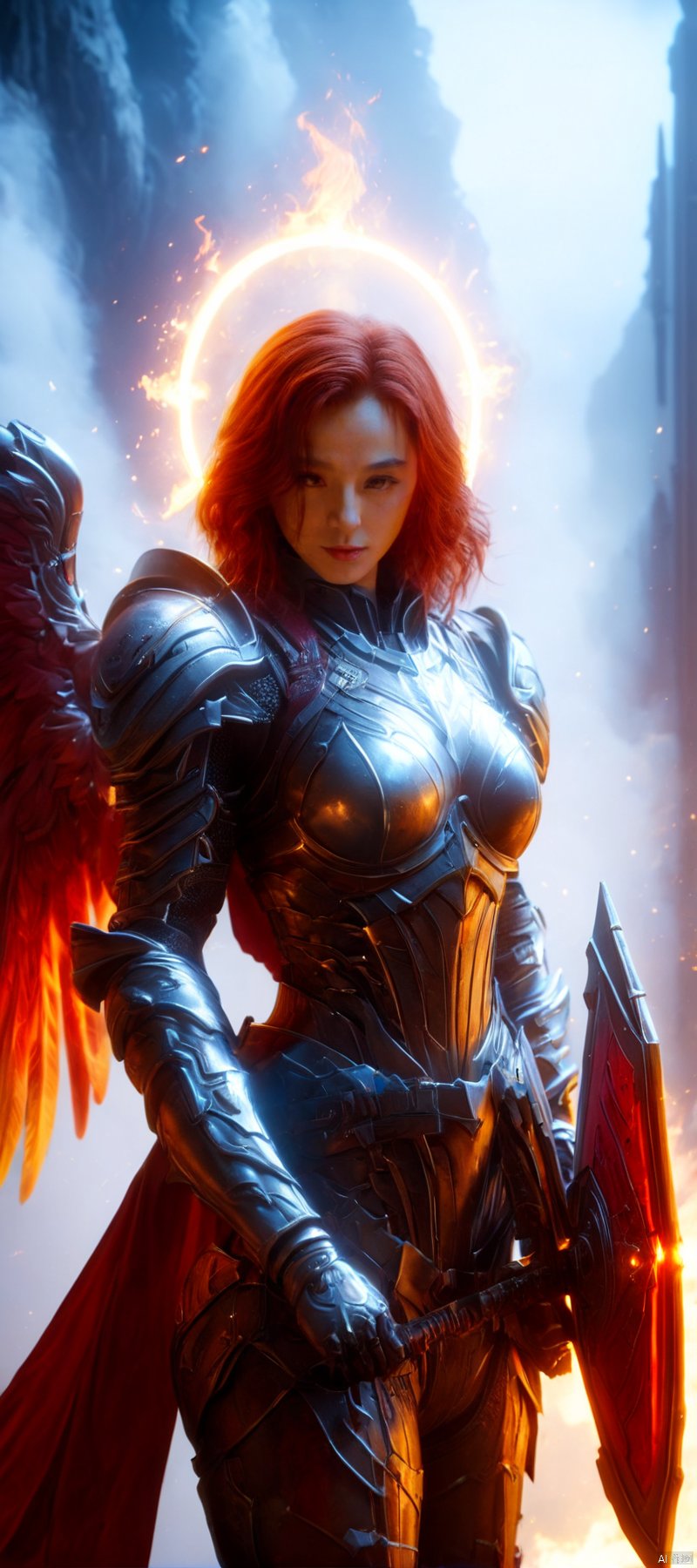 1 girl, Flame body, masterpiece, top quality,phoenix dark is x-men, beautiful and aesthetic:1.2, (1girl:1.3), (full body:1.5),red suitbody ,looking at viewer,fire hair, extreme detailed,(fire hands:1.5),fire,smoke,goddess, detailed, detail fingers, detail face, masterpiece,ultra realistic,32k,extremely detailed CG unity 8k wallpaper, best quality, Cinematic photography, movie mood, cinematic light, compelling composition, storytelling elements, conveys emotion, mood, and narrative depth, creating visually striking images that feel like still frames from a film, Cinematic portrait photography, capture subject in a way that resembles a still frame from a movie, cinematic lighting, story, narrative quality, drawing viewers into the scene and evoking a sense of cinematic immersion, capturing emotion, professional, engaging, compelling composition, night photography, nocturnal beauty, city lights, starry skies, celestial wonders, moonlit landscapes, urban glow, capturing the essence of darkness, ethereal atmosphere, dramatic shadows, magical ambiance, long exposure techniques, expert use of light sources, Heavenly Breasts,COLORFUL GRADIENT,score_9_up score_8_up score_7_up,DAMIMI,Spear and Shield,UTASHIMADG fishnets mecha leotard armor, HKMAGIC,Wearing fist gauntlets, HKSTYLE,MECHA ANGEL SOLDIER,((Hold huge spear and huge shield:1.5)),Hold spear and Shield