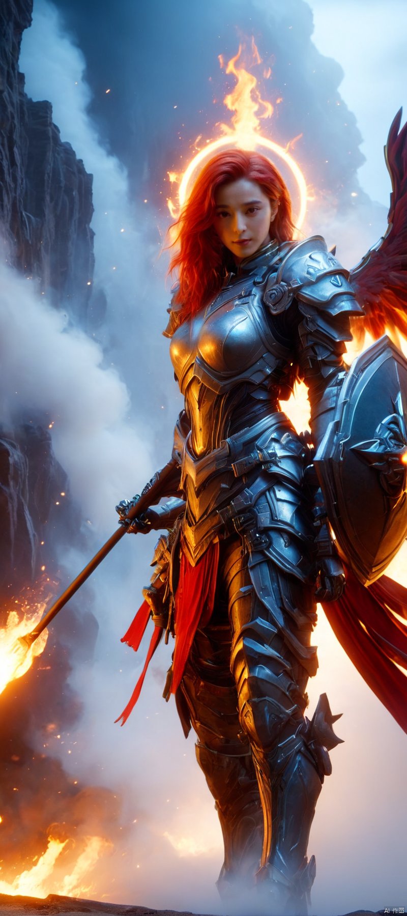 1 girl, Flame body, masterpiece, top quality,phoenix dark is x-men, beautiful and aesthetic:1.2, (1girl:1.3), (full body:1.5),red suitbody ,looking at viewer,fire hair, extreme detailed,(fire hands:1.5),fire,smoke,goddess, detailed, detail fingers, detail face, masterpiece,ultra realistic,32k,extremely detailed CG unity 8k wallpaper, best quality, Cinematic photography, movie mood, cinematic light, compelling composition, storytelling elements, conveys emotion, mood, and narrative depth, creating visually striking images that feel like still frames from a film, Cinematic portrait photography, capture subject in a way that resembles a still frame from a movie, cinematic lighting, story, narrative quality, drawing viewers into the scene and evoking a sense of cinematic immersion, capturing emotion, professional, engaging, compelling composition, night photography, nocturnal beauty, city lights, starry skies, celestial wonders, moonlit landscapes, urban glow, capturing the essence of darkness, ethereal atmosphere, dramatic shadows, magical ambiance, long exposure techniques, expert use of light sources, Heavenly Breasts,COLORFUL GRADIENT,score_9_up score_8_up score_7_up,DAMIMI,Spear and Shield,UTASHIMADG fishnets mecha leotard armor, HKMAGIC,Wearing fist gauntlets, HKSTYLE,MECHA ANGEL SOLDIER,((Hold huge spear and huge shield:1.5)),Hold spear and Shield