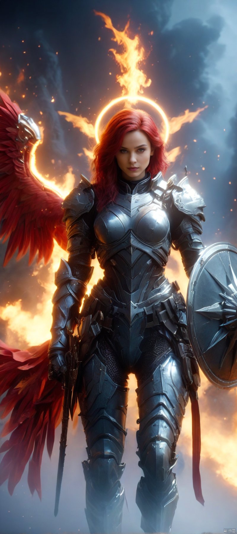 1 girl, Flame body, masterpiece, top quality,phoenix dark is x-men, beautiful and aesthetic:1.2, (1girl:1.3), (full body:1.5),red suitbody ,looking at viewer,fire hair, extreme detailed,(fire hands:1.5),fire,smoke,goddess, detailed, detail fingers, detail face, masterpiece,ultra realistic,32k,extremely detailed CG unity 8k wallpaper, best quality, Cinematic photography, movie mood, cinematic light, compelling composition, storytelling elements, conveys emotion, mood, and narrative depth, creating visually striking images that feel like still frames from a film, Cinematic portrait photography, capture subject in a way that resembles a still frame from a movie, cinematic lighting, story, narrative quality, drawing viewers into the scene and evoking a sense of cinematic immersion, capturing emotion, professional, engaging, compelling composition, night photography, nocturnal beauty, city lights, starry skies, celestial wonders, moonlit landscapes, urban glow, capturing the essence of darkness, ethereal atmosphere, dramatic shadows, magical ambiance, long exposure techniques, expert use of light sources, Heavenly Breasts,COLORFUL GRADIENT,score_9_up score_8_up score_7_up,DAMIMI,Spear and Shield,UTASHIMADG fishnets mecha leotard armor, HKMAGIC,Wearing fist gauntlets, HKSTYLE,MECHA ANGEL SOLDIER,((Hold huge spear and huge shield:1.5)),Hold spear and Shield