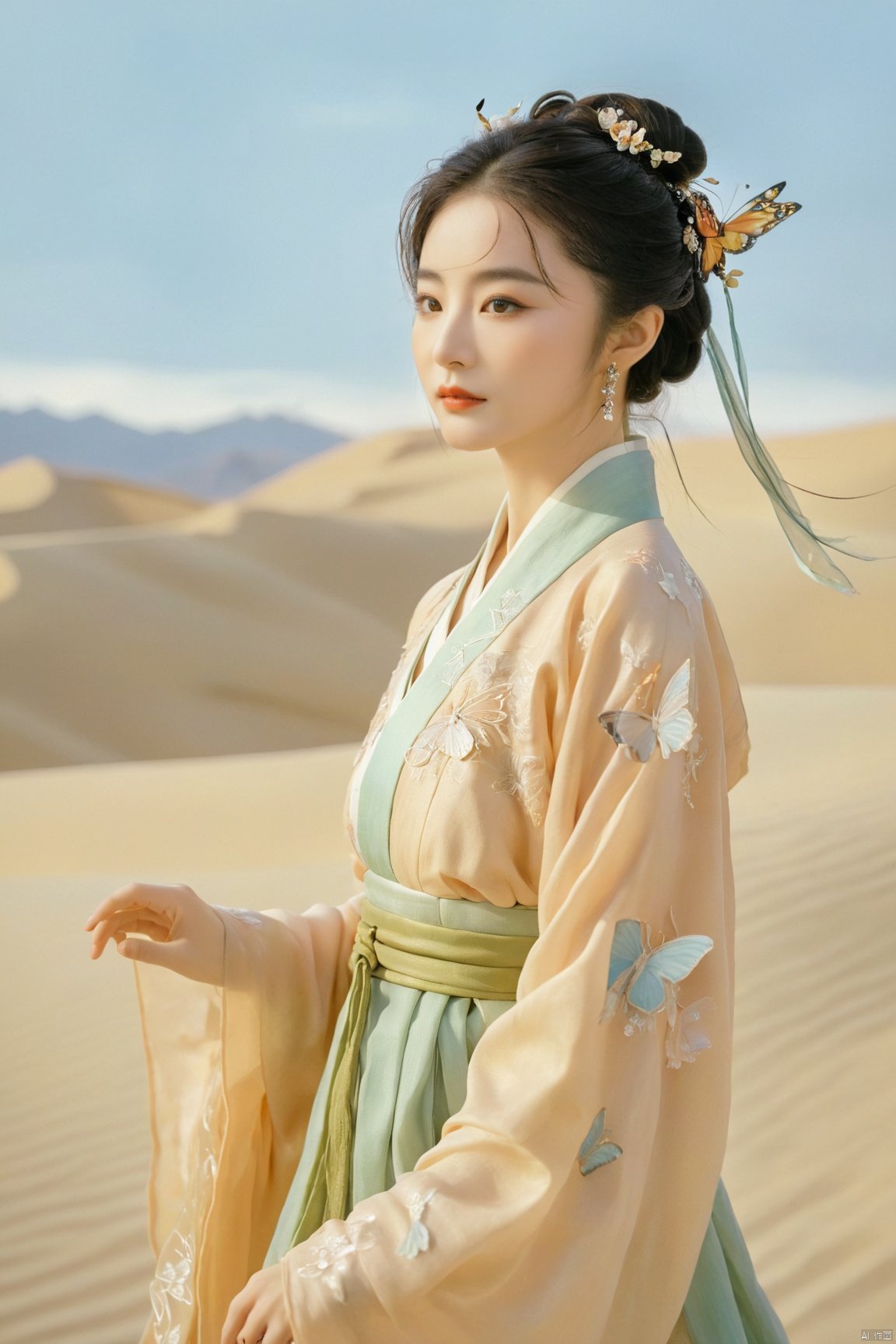 1girl,Brigitte Lin,film style, song_hanfu, desert_sky, New Chinese_Hanfu, weijin_hanfu, fantasy_butterfly