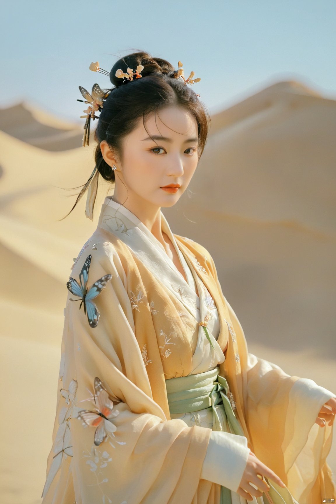 1girl,Brigitte Lin,film style, song_hanfu, desert_sky, New Chinese_Hanfu, weijin_hanfu, fantasy_butterfly