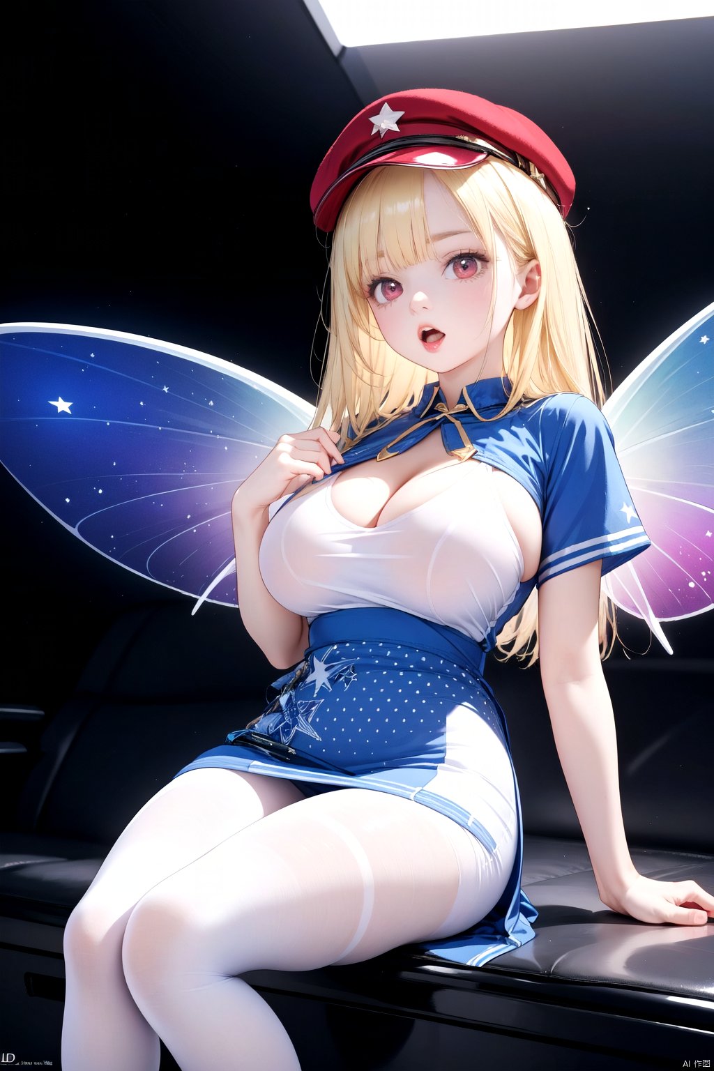  best quality,4k,8k,highres,masterpiece,ultra-detailed,realistic,photorealistic,photo-realistic,HDR,UHD,studio lighting,1girl,american flag dress,american flag legwear,blonde hair,breasts,dress,fairy,fairy wings,hat,jester cap,long hair,open mouth,pantyhose,polka dot,polka dot headwear,purple hat,red eyes,short sleeves,small breasts,solo,star (symbol),star print,striped clothes,striped dress,striped pantyhose,wings,