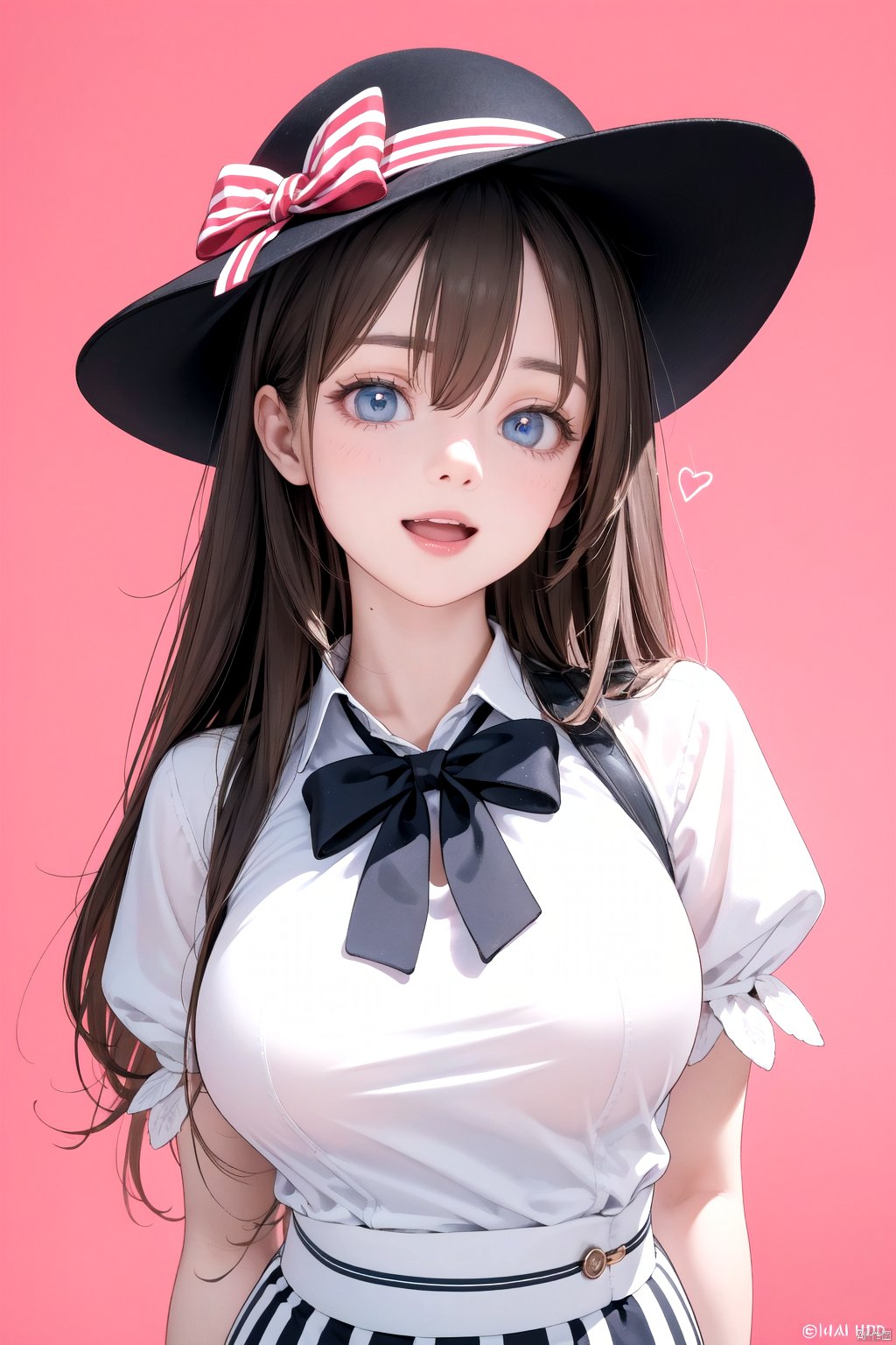  best quality,4k,8k,highres,masterpiece,ultra-detailed,realistic,photorealistic,photo-realistic,HDR,UHD,studio lighting,1girl,blue eyes,bow,brown hair,curly hair,eyelashes,hair between eyes,hair bow,long hair,looking at viewer,short sleeves,smile,solo,upper body,wavy hair,blush,open mouth,bangs,hat,flower,:d,striped,puffy sleeves,blunt bangs,star (symbol),red bow,puffy short sleeves,rose,pink background,striped background