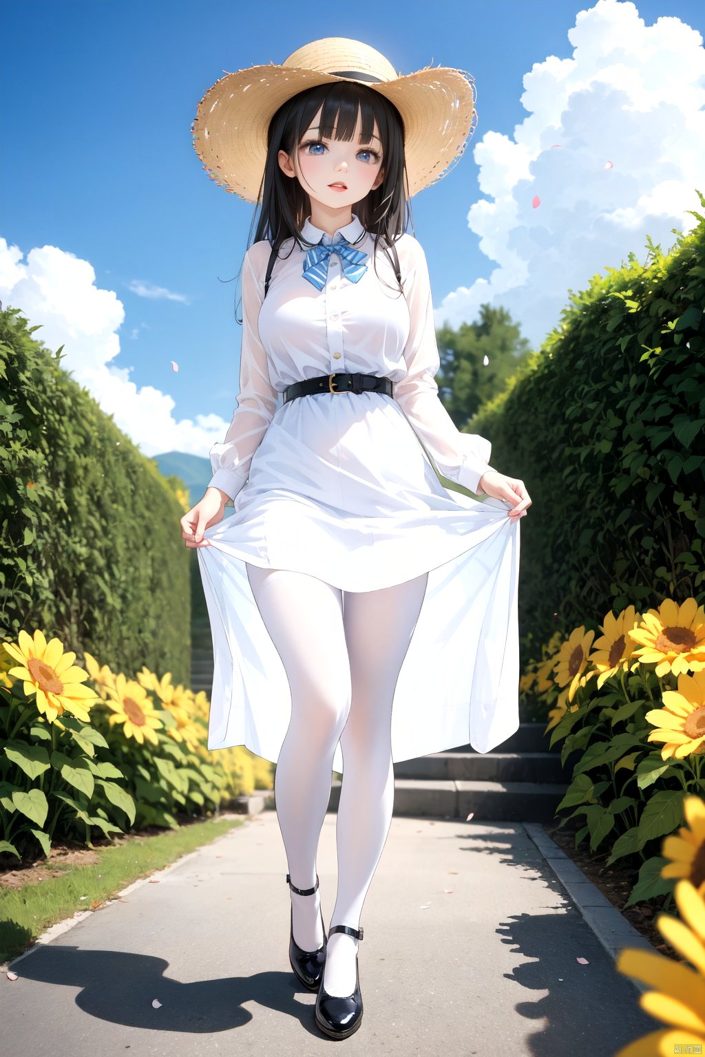  best quality,4k,8k,highres,masterpiece,ultra-detailed,realistic,photorealistic,photo-realistic,HDR,UHD,studio lighting,1girl,basket,blonde hair,blue eyes,blue sky,bow,bowtie,bush,clothes lift,cloud,collar,collared dress,cross-laced footwear,day,dress,field,flower,frilled apron,frills,full body,green flower,hair lift,hat flower,hill,holding basket,lipstick,long hair,long sleeves,looking ahead,makeup,mary janes,medium dress,outdoors,pantyhose,parted lips,petals,pleated skirt,puffy long sleeves,puffy sleeves,red dress,red footwear,red lips,red sleeves,shoes,skirt,skirt lift,sky,solo,stairs,standing,straight hair,straw hat,striped clothes,striped pantyhose,sun hat,sunflower,vertical-striped clothes,vertical-striped pantyhose,very long hair,waist apron,white apron,white bow,white bowtie,white collar,white pantyhose,wind,wind lift,yellow flower,yellow hat,