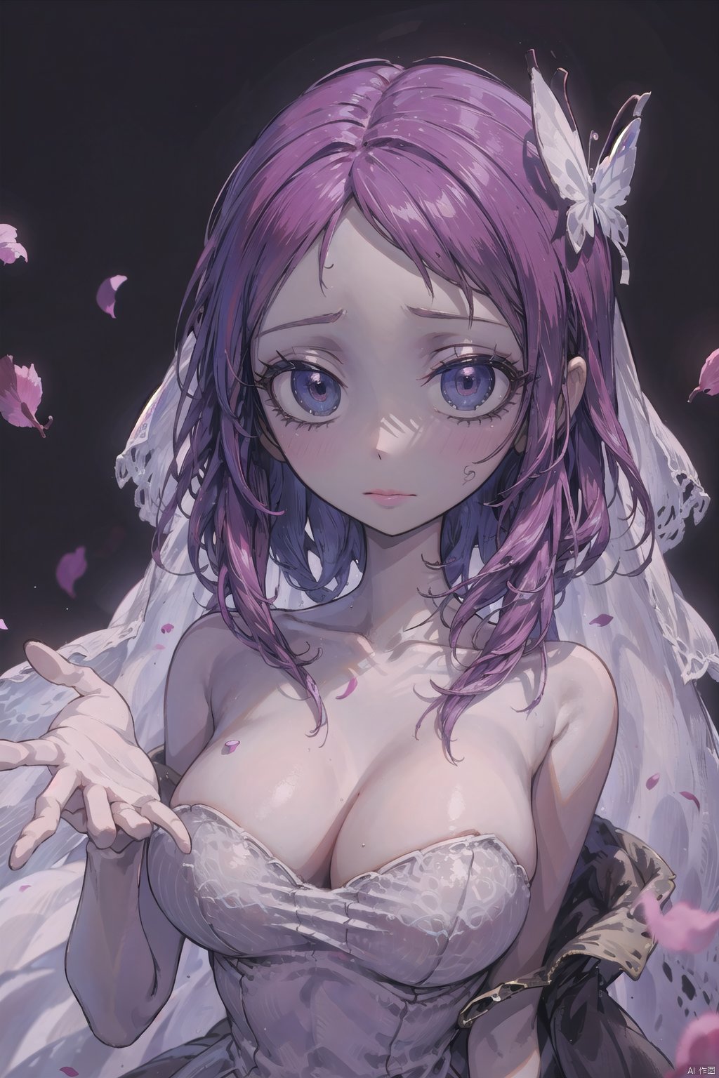  best quality,4k,8k,highres,masterpiece,ultra-detailed,realistic,photorealistic,photo-realistic,HDR,UHD,studio lighting,1girl,bare shoulders,blue eyes,blush,breasts,bride,butterfly hair ornament,cleavage,closed mouth,collarbone,dress,falling petals,feathers,hair ornament,medium breasts,petals,reaching,reaching towards viewer,red hair,short hair,solo,strapless,strapless dress,wedding dress,white dress,