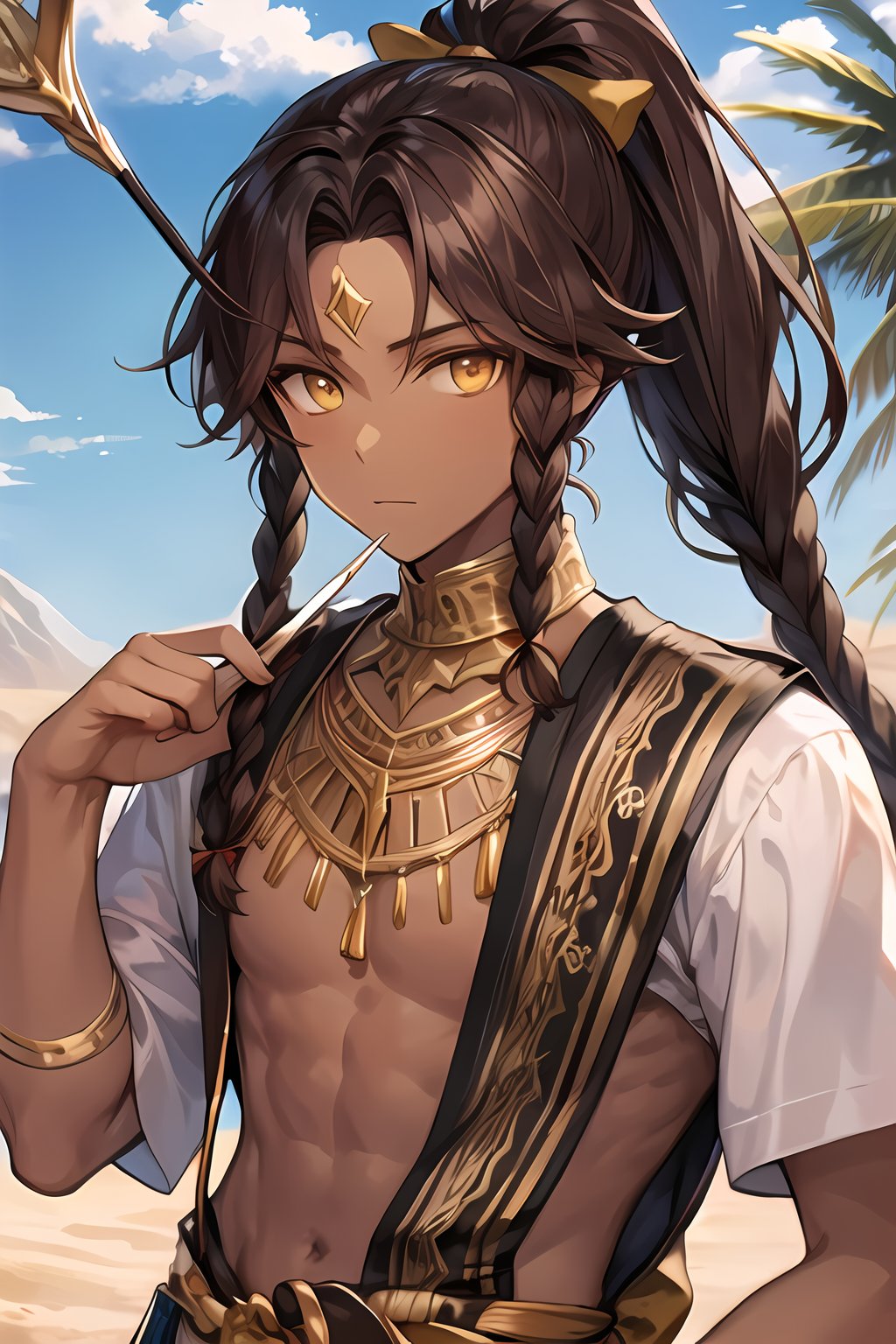 masterpiece, best quality, Looking at viewer, male_focus,   outdoors, desert, 1boy, upper body,


,Zafir,brown hair, yellow eyes, ponytail, twin braids,forehead,dark-skinned male,Yellow eyes, holding bow and arrow,