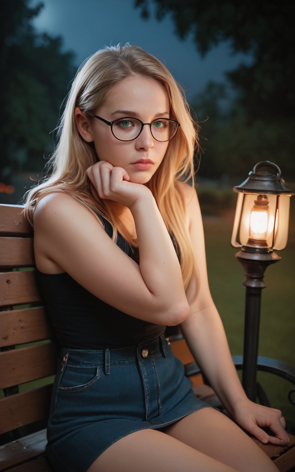 score_9, score_8_up, score_7_up, BREAK, source_real, raw, photo, photorealistic, photography,  score_9, score_8_up, score_7_up, 1girl, sitting on a bench in a park at night, dusk, lantern light, sad, raining, head resting on hands, blonde hair, long hair, nerdy glasses, green eyes