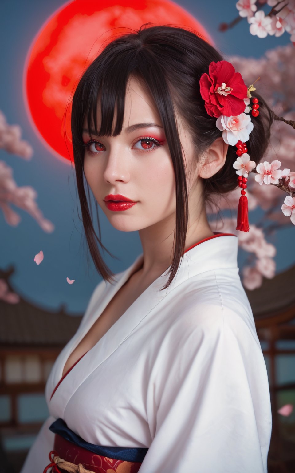 score_9, score_8_up, score_7_up, BREAK, source_real, raw, photo, photorealistic, photography,  score_9,score_8_up,score_7_up, 1girl,looking at viewer,bangs,black hair,hair ornament,red eyes,upper body,flower,parted lips,japanese clothes,hair flower,kimono,from side,makeup,moon,lipstick,cherry blossoms,pale skin,full moon,eyeshadow,white skin,branch,red lips,red moon
