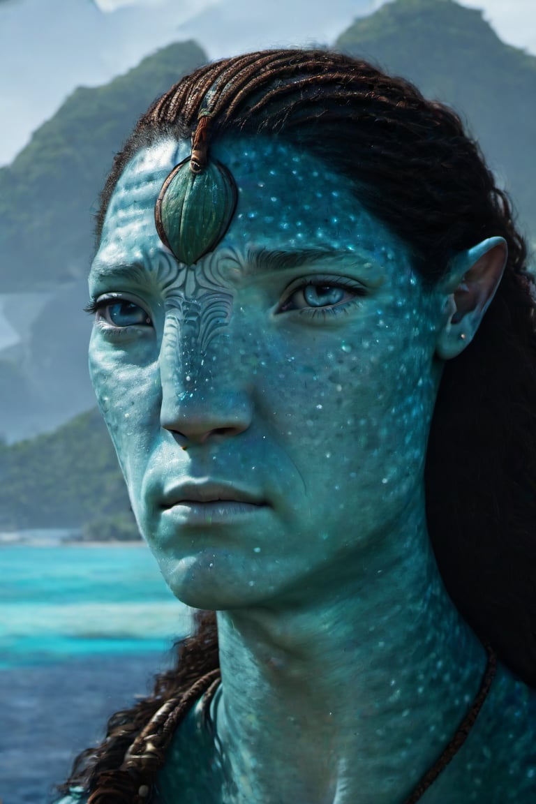 Metkayina Na'vi, male, teenager, Metkayina, beautiful na'vi, freckles, portrait view, Ronal, Tsireya, Aonung, realistic_eyes, hyper_realistic, extreme details, HDR, 4k quality, perfect quality, HD quality, movie scene,Read description,ADD MORE DETAIL,photorealistic