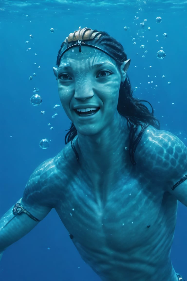 Metkayina Na'vi, male, teenager, Metkayina, beautiful na'vi, swiming underwater, laughing, half body, air bubbles, portrait view, Ronal, realistic_eyes, hyper_realistic, extreme details, HDR, 4k quality, perfect quality, HD quality, movie still,Read description,ADD MORE DETAIL,photorealistic