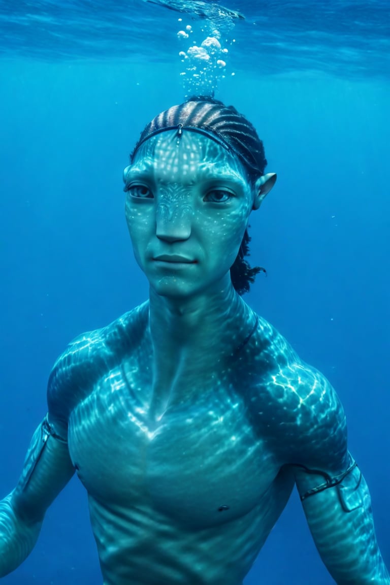 Metkayina Na'vi, male, teenager, Metkayina, beautiful na'vi, swiming underwater, half body, portrait view, Ronal, realistic_eyes, hyper_realistic, extreme details, HDR, 4k quality, perfect quality, HD quality, movie scene,Read description,ADD MORE DETAIL,photorealistic