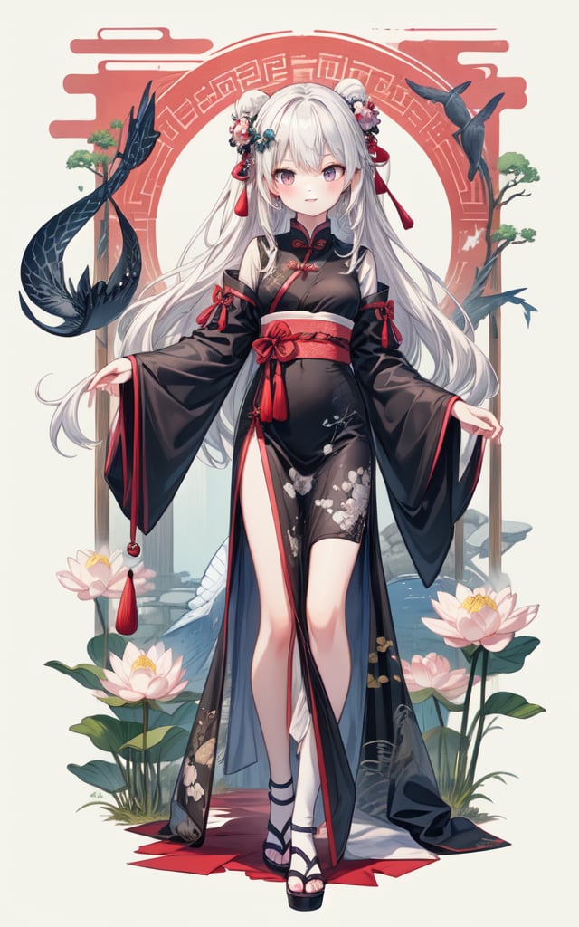 ((4k,masterpiece,best quality)),shuimobysim,traditional chinese ink painting,lotus,hanfu,maxiskit,dress conservatively 1 girl,solo,white hair,long hair,white,fish,many fish near girl,look at viewer,tease,