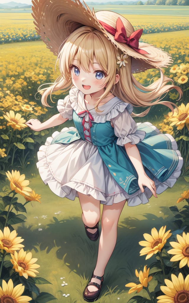 Masterpiece,(Best Quality),Fantasy,1 girl,chibi,running,Butterfly,Spring,laughing,kind_smile,panorama,from_above,rape flower,holding a straw hat,
