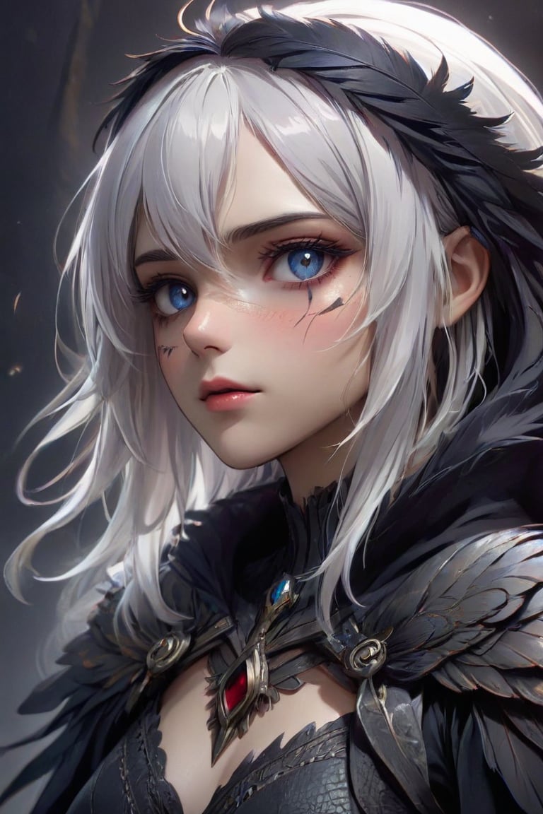 high quality, high detail, masterpiece, beautiful, (general plane ), 1 girl, large white hair, dark clothes whit dark feather details, covered eyes with a cloth dark, animeliner, desillusionRGB, portrait, sad, closeup, sci-fi, fantasy,