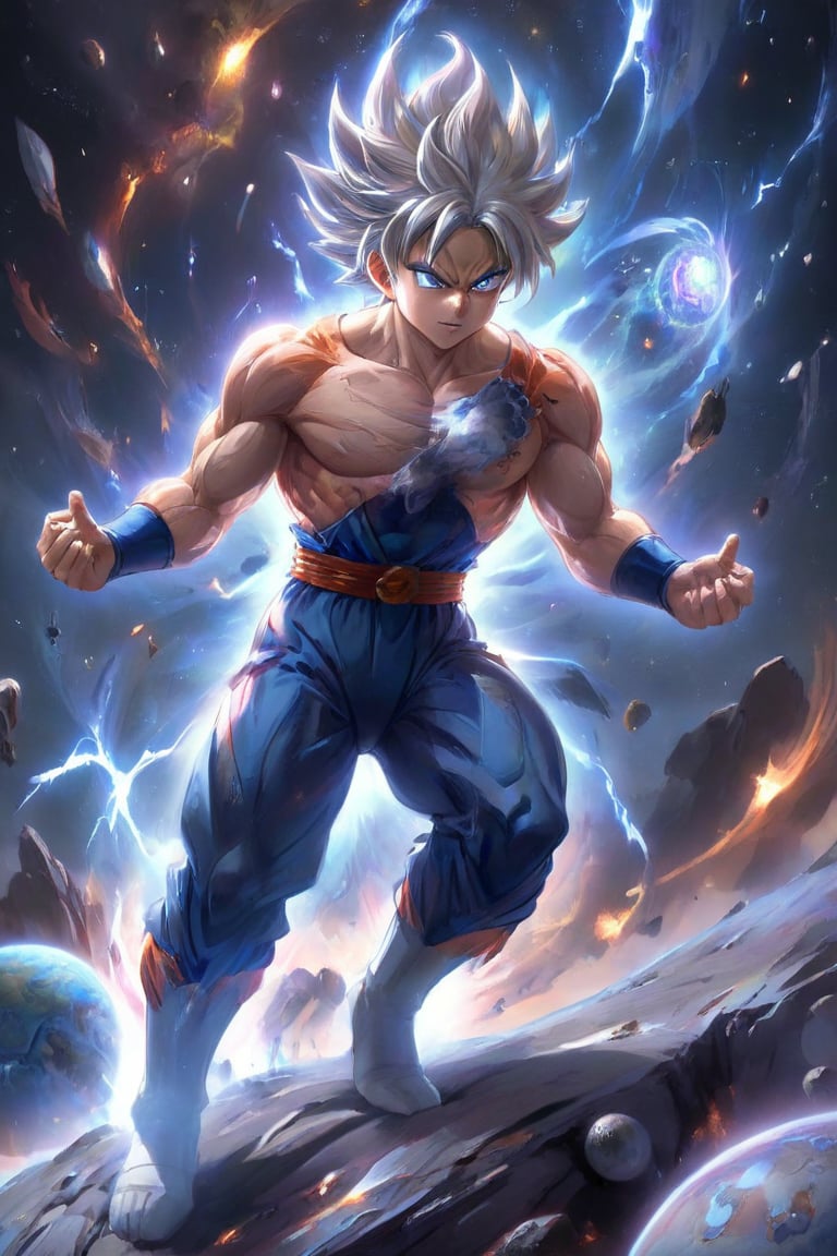 Goku, ultra instinct saiyan, on a cosmic planet