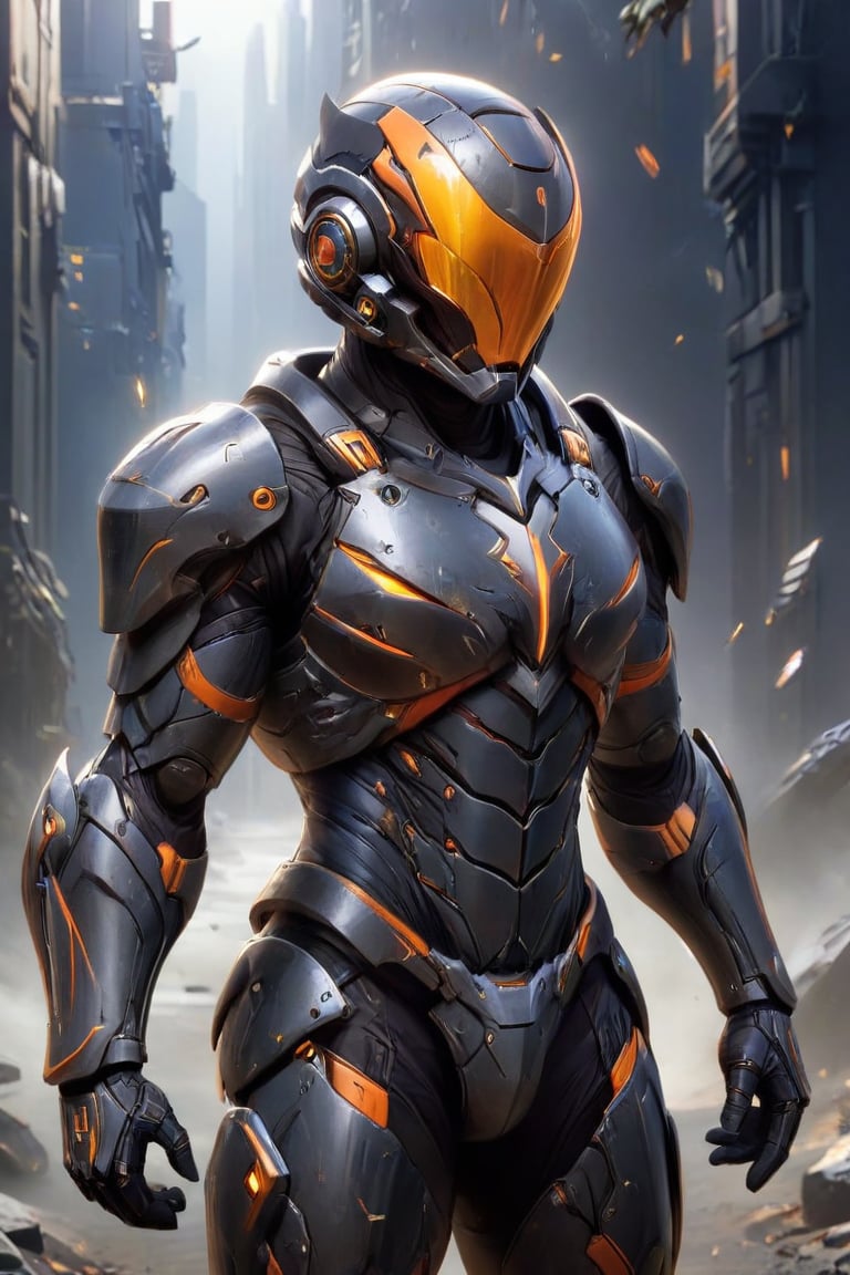 A digital illustration of a futuristic soldier in ultra-high-definition, featuring an ultra-realistic and ultra-detailed armored suit. The armor is predominantly black with orange accents, highlighting its intricate design. The helmet has a reflective visor and the suit includes various panels and layers that suggest advanced technology. The soft anisotropic filtering adds a realistic texture to the materials, while the hypersharp feature brings out the fine details, making the armor appear tangible. The overall quality is comparable to a high-resolution National Geographic photograph, and the artwork would trend on ArtStation for its impressive details and realism.