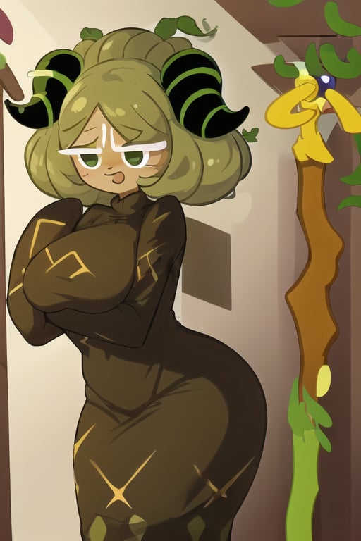 Matcha Cookie, 1girl, olive green skin, dark green hair, bun hairstyle, black horns on head, green stripes on horns, dark green eyes, dark green cloak, ((olive zigzag design on bottom of cloak)), oversized sleeves, ((tan colored wooden staff with shiny chartreuse jewel on top)), mature female, perfect anatomy, female_solo, (insanely detailed, beautiful detailed face, masterpiece, best quality), score_9, score_8_up, score_7_up, highest quality, 8K, RAW photo, source_anime, perfect face