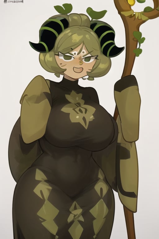 Matcha Cookie, 1girl, olive green skin, dark green hair, bun hairstyle, black horns on head, green stripes on horns, dark green eyes, dark green cloak, ((olive zigzag design on bottom of cloak)), oversized sleeves, ((tan colored wooden staff with shiny chartreuse jewel on top)), mature female, perfect anatomy, female_solo, (insanely detailed, beautiful detailed face, masterpiece, best quality), score_9, score_8_up, score_7_up, highest quality, 8K, RAW photo, source_anime, perfect face