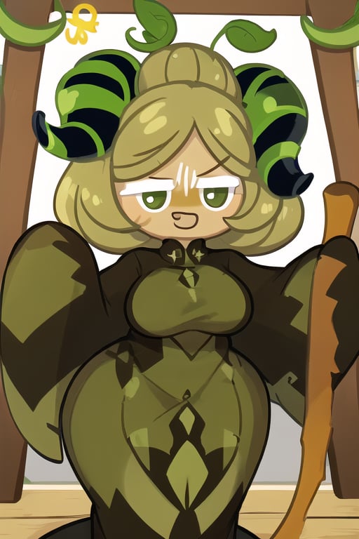 Matcha Cookie, 1girl, olive green skin, dark green hair, bun hairstyle, black horns on head, green stripes on horns, dark green eyes, dark green cloak, ((olive zigzag design on bottom of cloak)), oversized sleeves, ((tan colored wooden staff with shiny chartreuse jewel on top)), mature female, perfect anatomy, female_solo, (insanely detailed, beautiful detailed face, masterpiece, best quality), score_9, score_8_up, score_7_up, highest quality, 8K, RAW photo, source_anime, perfect face