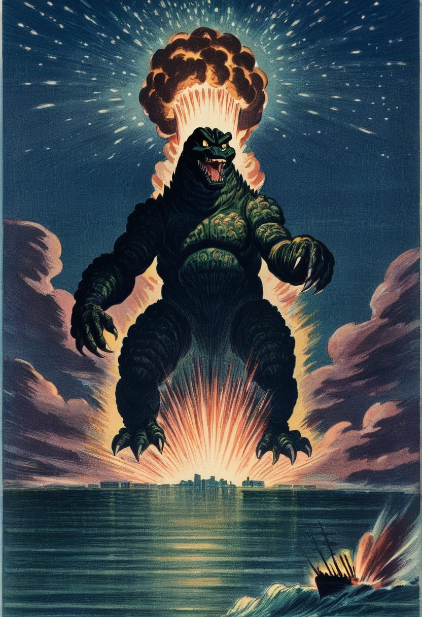 vintage illustration, godzilla rising from the sea, atomic bomb explosions over a cityscape in the background, at night, dark and gritty,