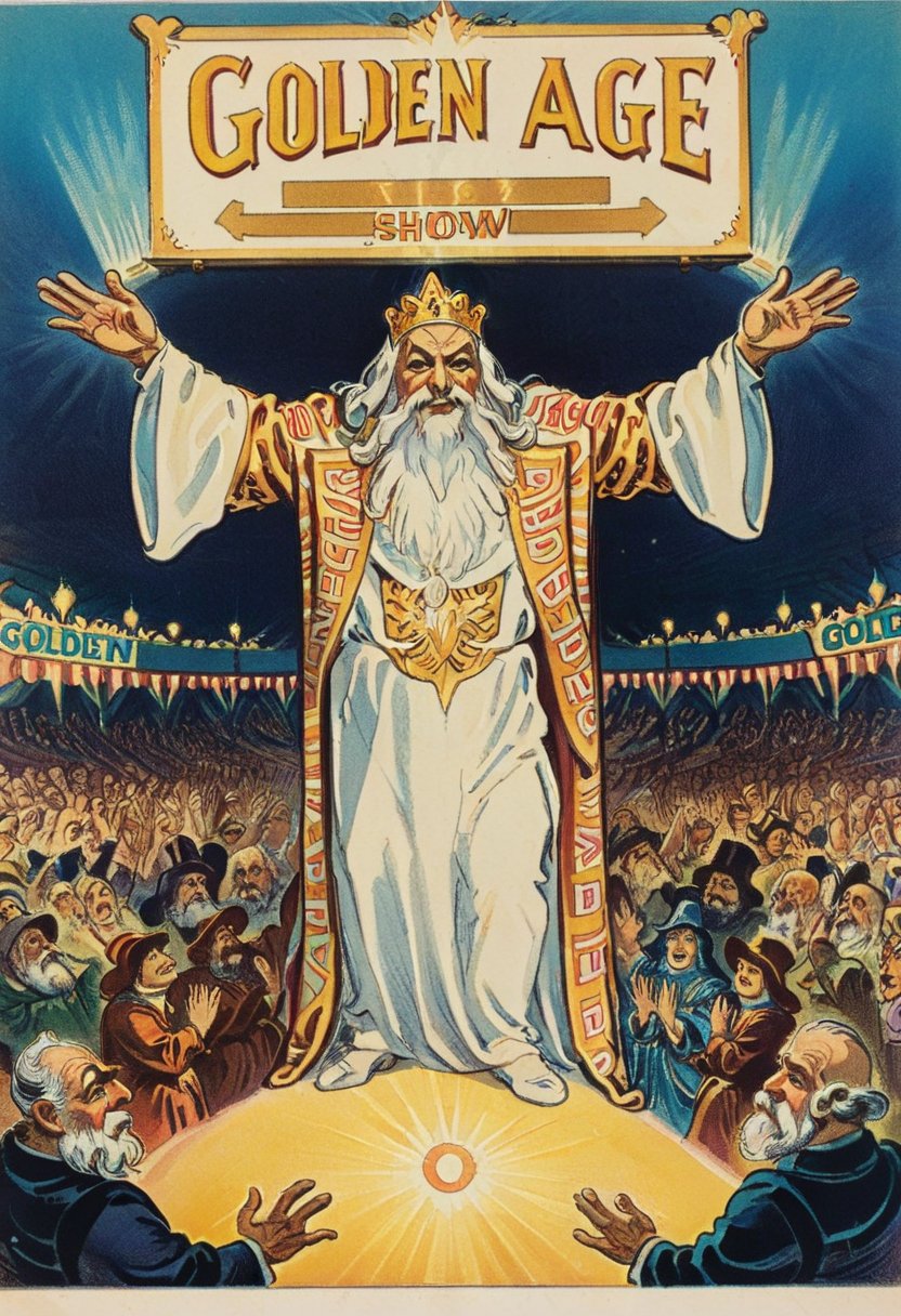 vintage illustration, mysterious wizard whitebeard with arms outstretched, standing in front of a massive illuminated game show sign that reads "Golden Age," bustling crowd in background