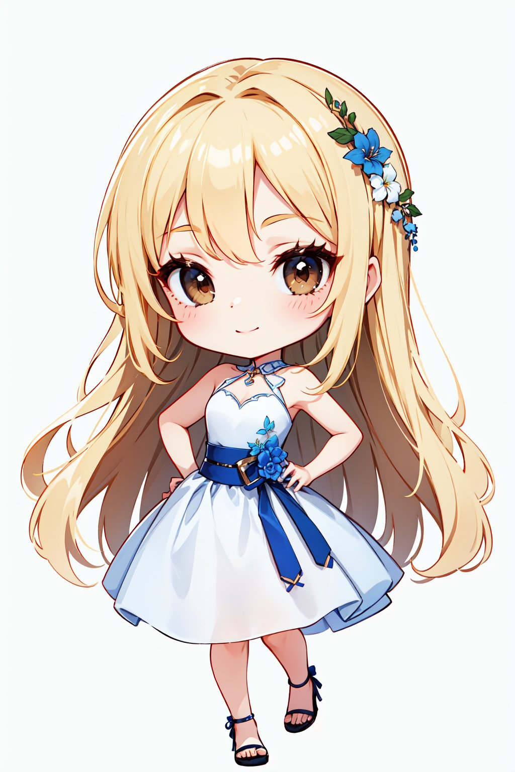 Cute girl, White background, full body image, masterpiece quality, stunning image, beautiful blonde hair, detailed image, one hand on the waist, modern evening dress outfit. Chibi