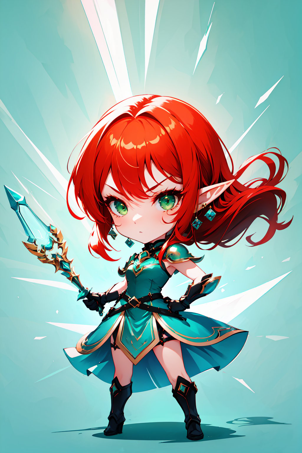 Badass girl, Cyan background, full body image, elf girl, red hair, green eyes, silver halo, princess dress, mastepiece quality. Chibi