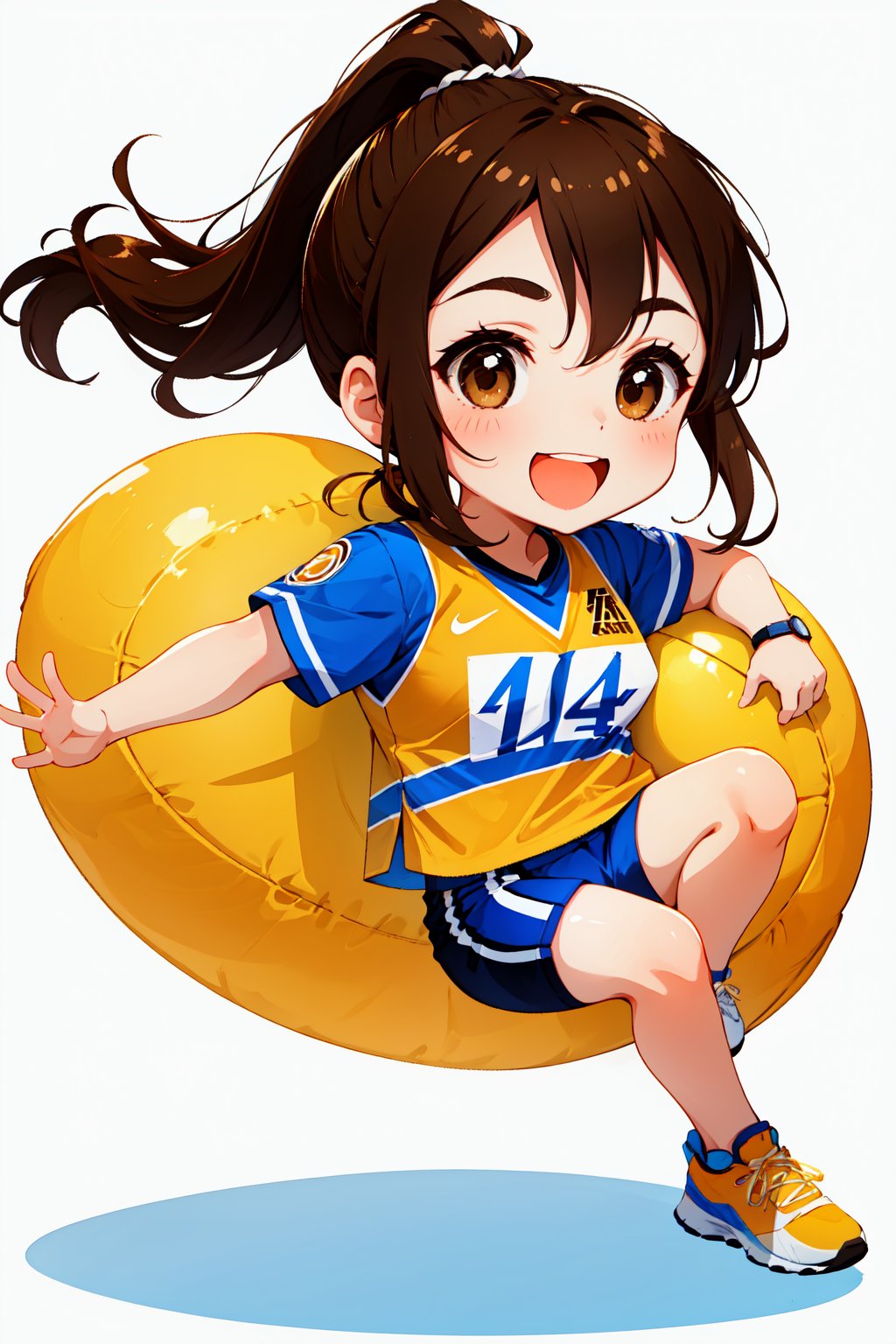 Cute girl, White background, full body image, athlete girl, ponytail hairstyle, brown hair, she's happy, dynamic pose. Chibi