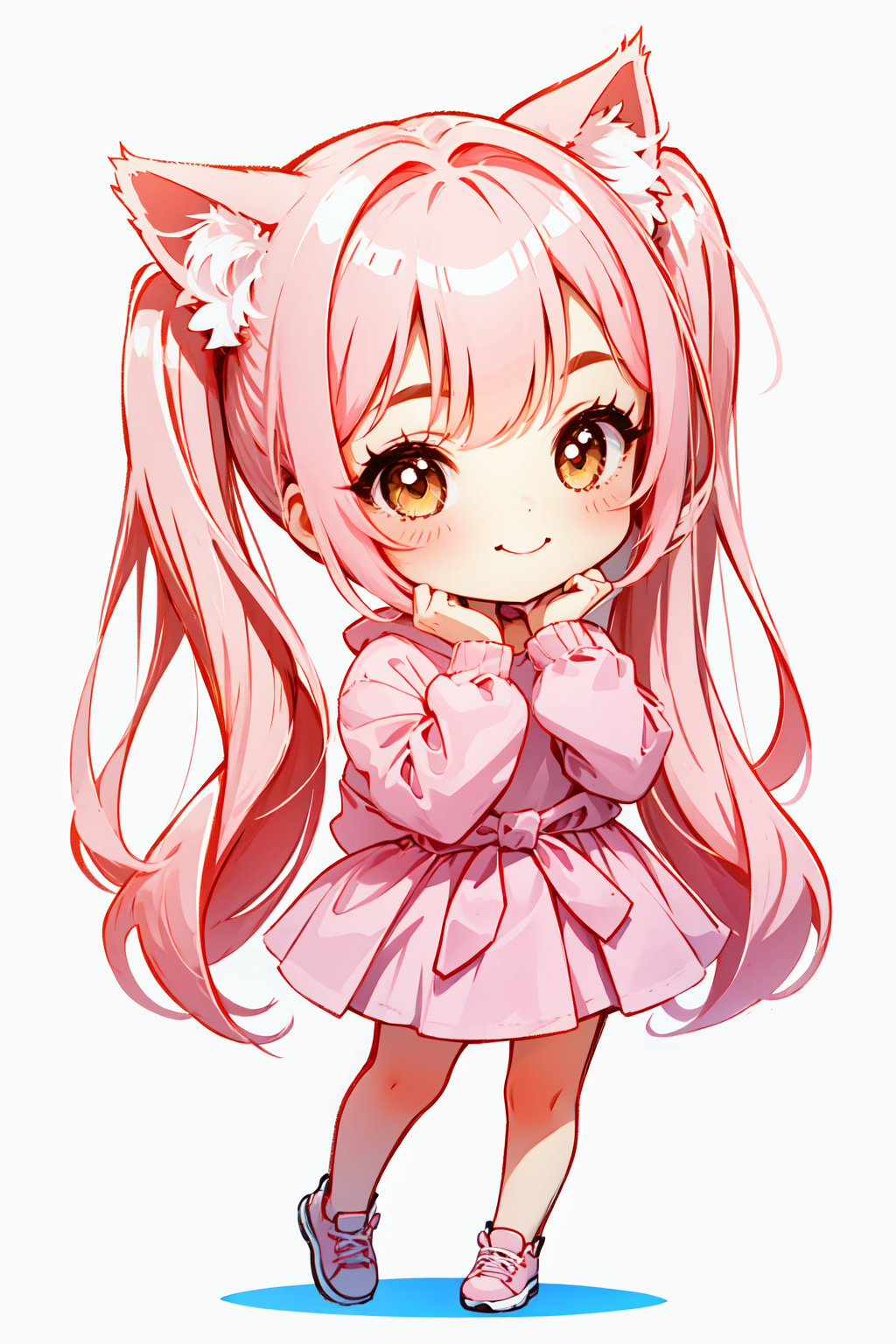 Cute girl, White background, full body image, cat girl, twintails hairstyle, pink hair, hands in waist, she's happy. Chibi,Chibi