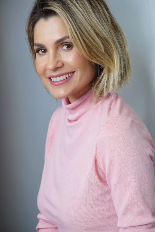 RAW portrait photo of woman fl4vi4le554ndr, realistic face, beautiful, pink turtleneck blouse, smiling, detailed skin texture, high resolution, 8k HDR, 
