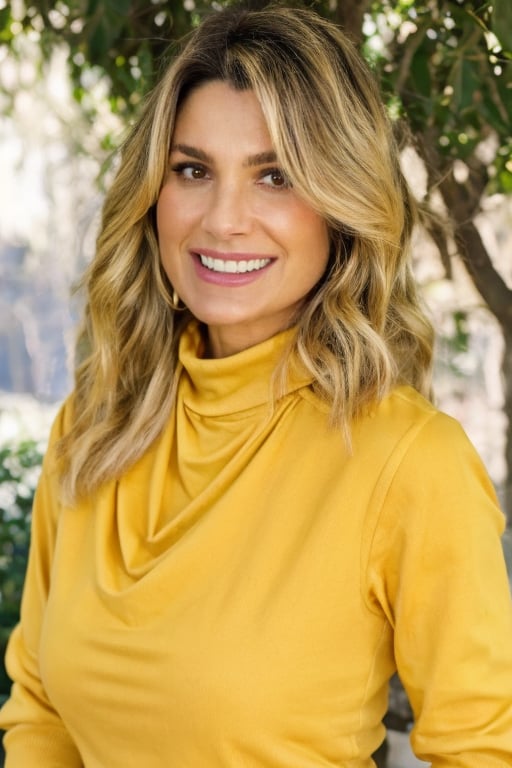 Photo of beautiful fl4vi4le554ndr woman, detailed face smiling, (blurred background)+, yellow turtleneck blouse