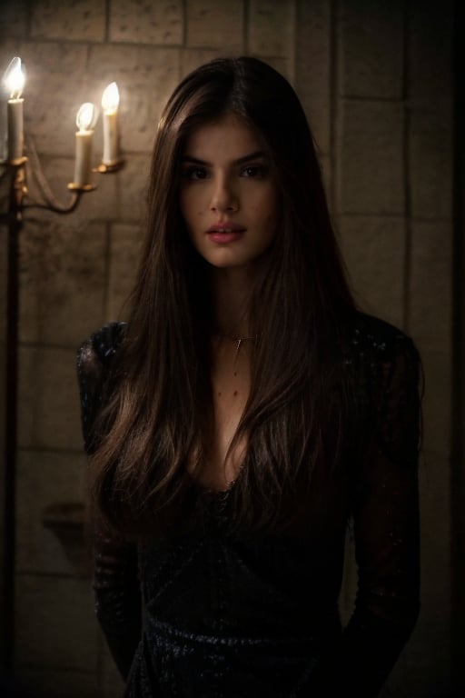 Hyperrealistic full body photo of Camila Queiroz, realistic face, realistic eyes, wearing a long black lace dress with lace and velvet details, in an old castle with dark stone walls, illuminated by candles and chandelier lights, with a mysterious and sensual expression. Cinematic style.