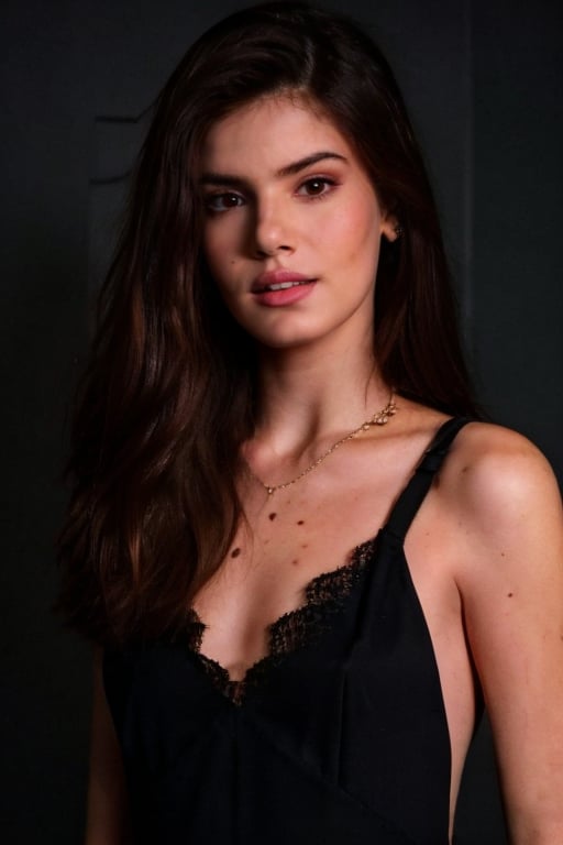 Hyperrealistic full body photo of Camila Queiroz, realistic face, realistic eyes, wearing a black gala dress with a deep neckline and lace details, sparkling jewelry. Cinematic style. 