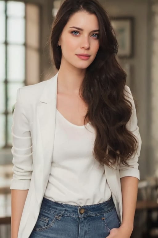 Hyperrealistic full body photo of 1girl, realistic face, realistic eyes, wearing casual clothes like jeans, a white t-shirt and a neutral-colored blazer. Cinematic style.